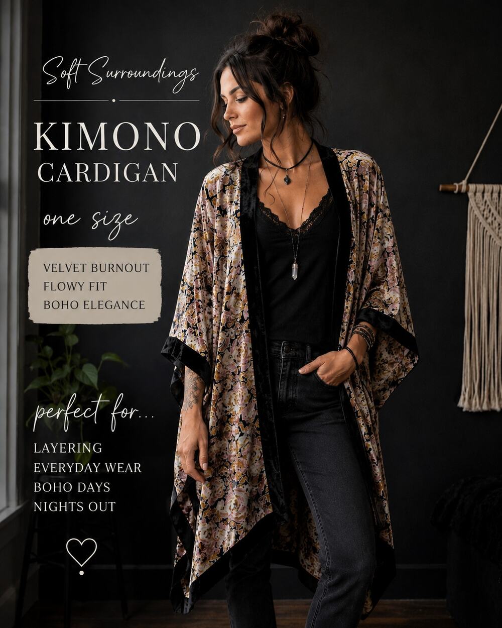 Soft Surroundings Velvet Burnout Kimono Cardigan Floral Dark Boho Whimsigoth